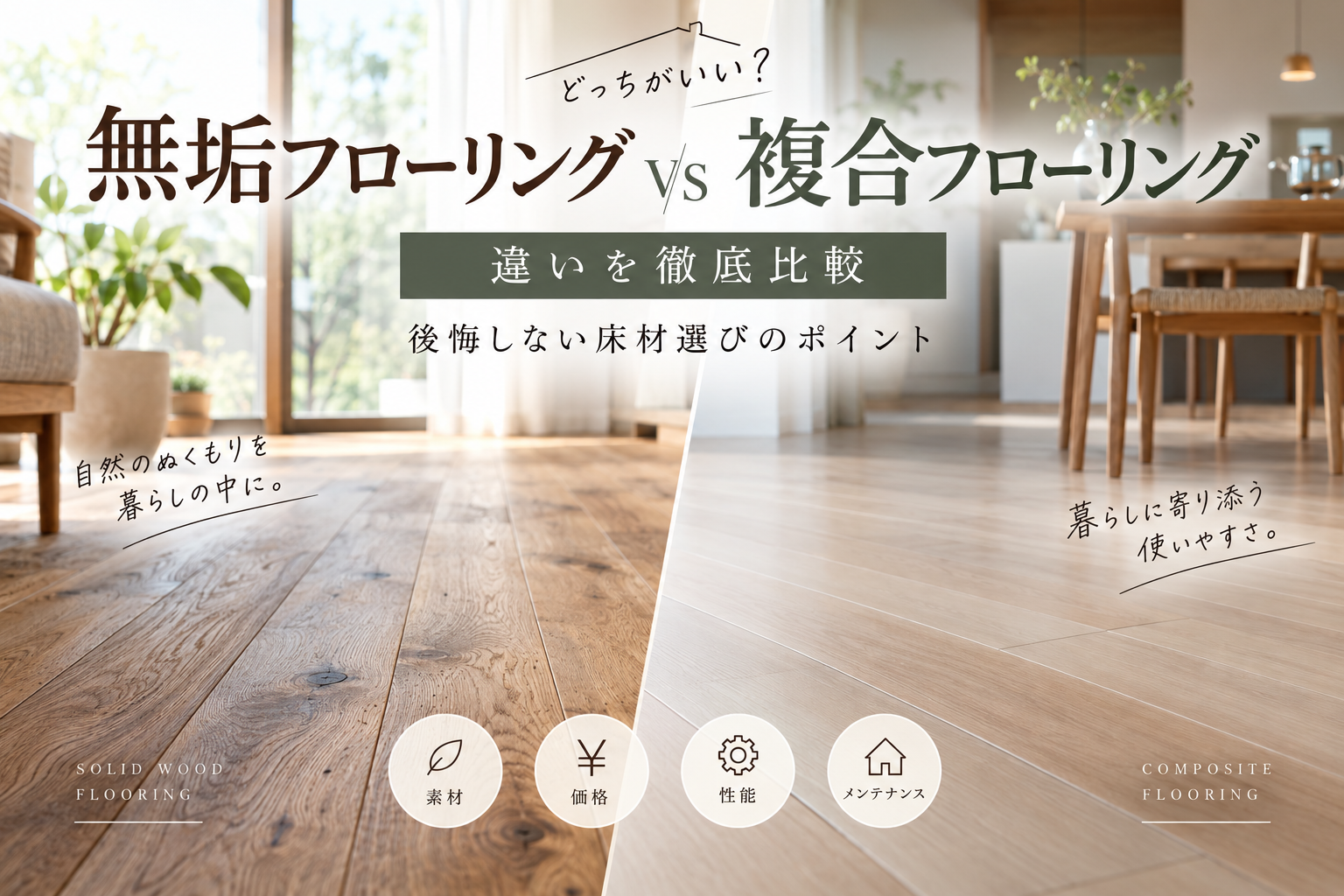 無垢フローリングと複合フローリングの違いを徹底比較！特徴・価格・耐用年数までまるわかりガイド
